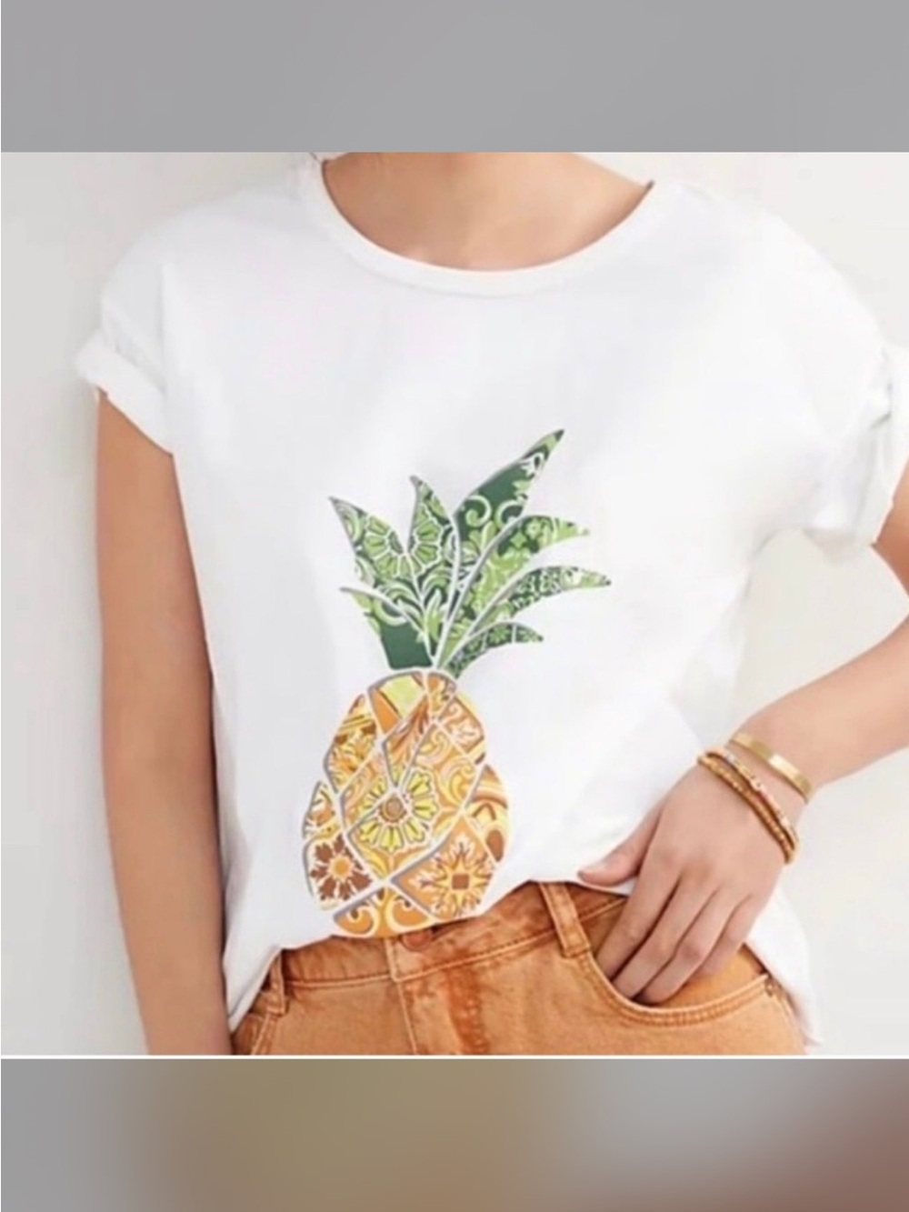 Anthropologie White Pineapple Print Short Sleeve Tee